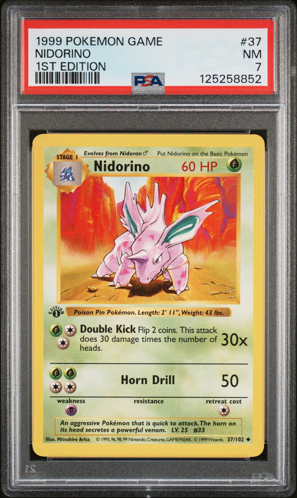 Pokémon TCG: 1999 Pokemon Game #37 Nidorino 1st Edition PSA 7