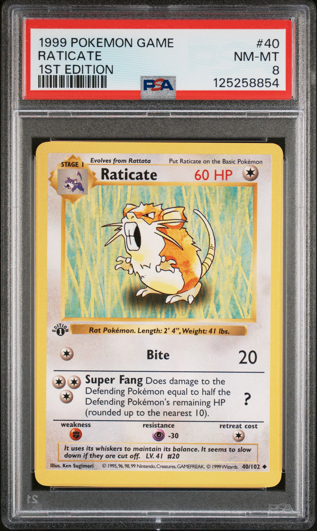 Pokémon TCG: 1999 Pokemon Game #40 Raticate 1st Edition PSA 8