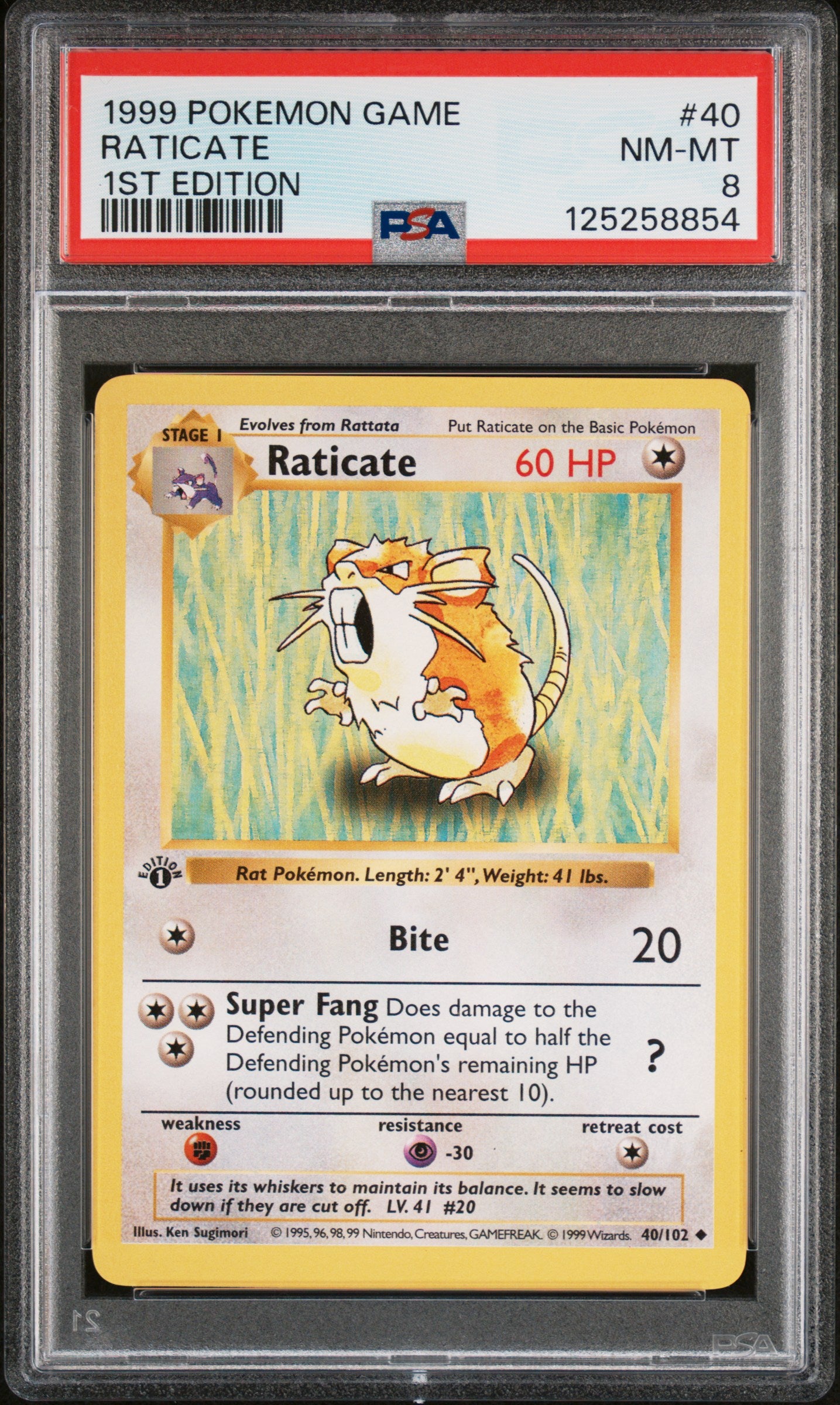Pokémon TCG: 1999 Pokemon Game #40 Raticate 1st Edition PSA 8